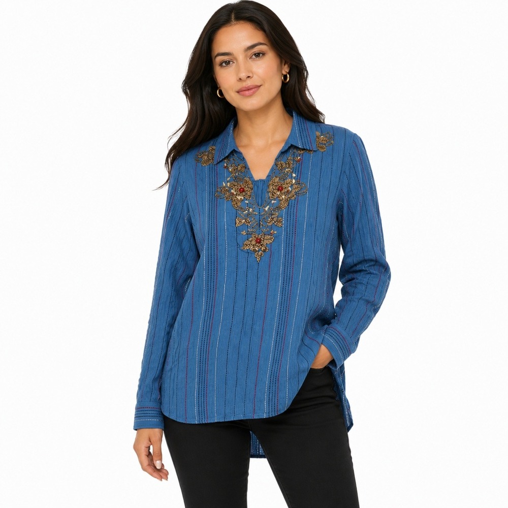 Soft Surroundings Tunic Women XS Blue Embroidered Beaded Cotton Top 2BL97